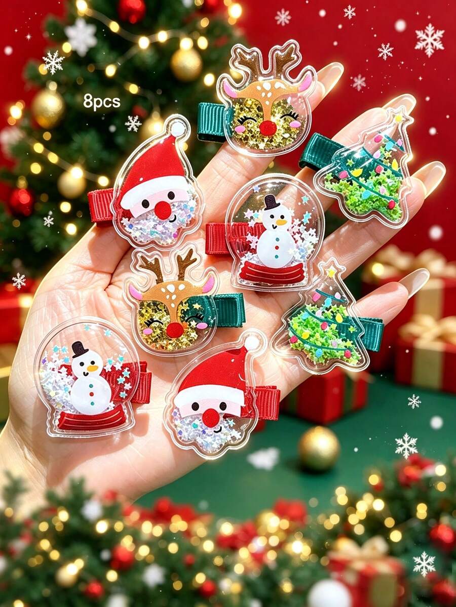 8pcs Quicksand Santa Claus Cartoon Cute Christmas Hair Clips