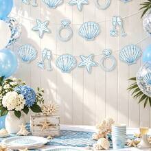 1 Set Beach Last Call Banner, Blue Beach Bridal Or Bachelorette Party Decor, Shell Champagne Glass, Wedding Ring Shaped Paper Beach Shell Party Banner, Natural Seashell Starfish Conch Ocean Party Decor, Paper Banner For Summer Beach Birthday Party - Multicolor - View 3