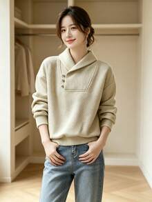 YUXIN Elegant Chinese Style Vintage Collar Sweatshirt For Women, New Spring/Winter Fashion Textured Decoration Casual Top - Apricot - View 2