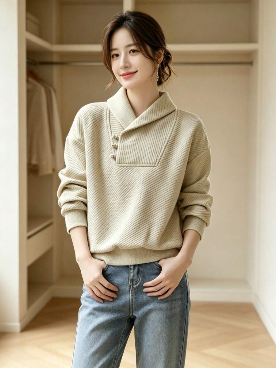 YUXIN Elegant Chinese Style Vintage Collar Sweatshirt For Women, New Spring/Winter Fashion Textured Decoration Casual Top