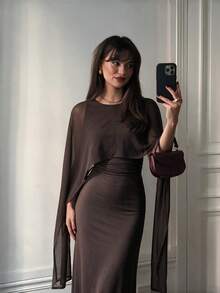 Autumn/Winter Fashion Elegant Luxury Women's Solid Color Round Neck Asymmetric Design Slim Fit Cape Chiffon Elegant 2 In 1 Dress - Brown - View 7