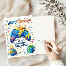 1pc Fun Birthday Card (With Envelope), Camouflage Pattern, Featuring Cupcake, Game Controller And Gift Box Design, Perfect Birthday Gift For Son, Grandson Or Nephew, Ideal For Video Game Enthusiasts, Vibrant Printed Colors - Multicolor - View 3