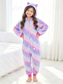 Baju Terusan Anak Perempuan Motif Langit Berbintang Ungu dengan Telinga Kucing - MultiWarna - View 3