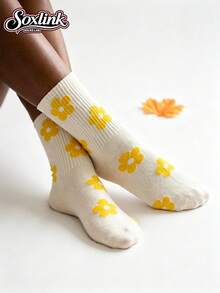 1 Pair Summer Yellow Floral Mid-Calf Socks For Women - Yellow - View 2