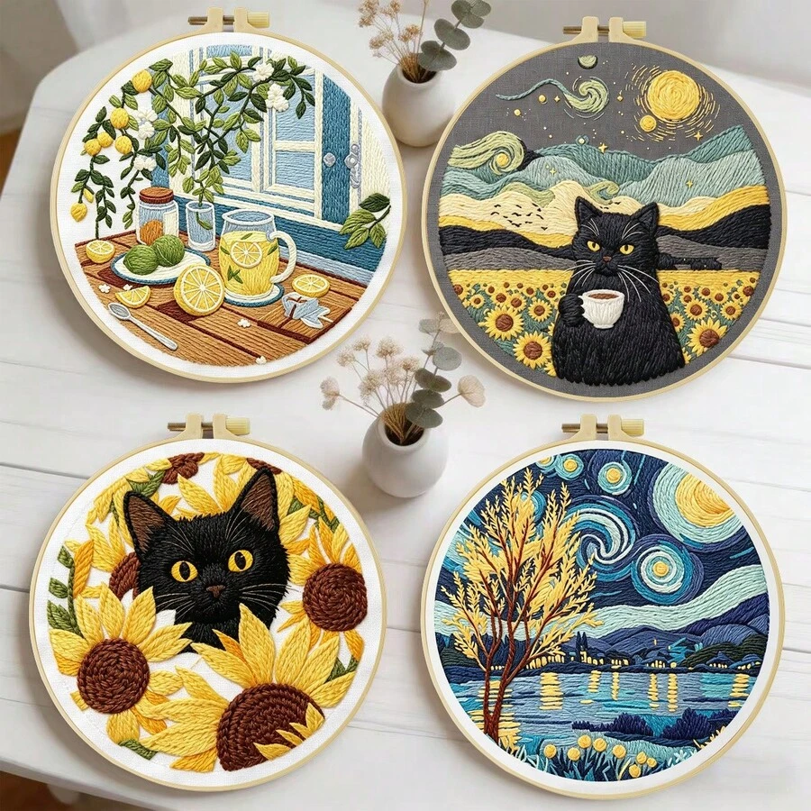 Embroidery Set, 20x20cm/7.9x7.9 Inches, Sunflower Cat, 2D Flat Printing Handmade DIY Beginner Embroidery Set, Including Embroidery Cloth,Instruction Manual,Embroidery Frame And Needle And Thread, Handmade Artwork As A Gift For Friends Or Famil