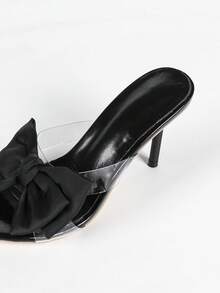 Women Black Pointed Open Toe Mule Sandals, Clear PVC Vamp Big Bow Decor Stiletto Slip-On Party High Heels - Black - View 9