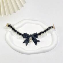 1pc Cute Pearl Bow Cat Tie Collar, Knitted Pet Bib Scarf, Photo Prop For Pets - Black - View 4