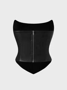 Women's Black Party Date Strapless Leather Top - Black - View 8