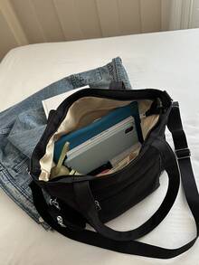 New Fashion Minimalist Casual Tote Bag For Women, Solid Color Large Bag - Black - View 4