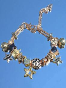 1pc Heart Lock & Key Charm Bracelet, Dark Gothic Star Bracelet, Star Heart Bracelet - Gold - View 9