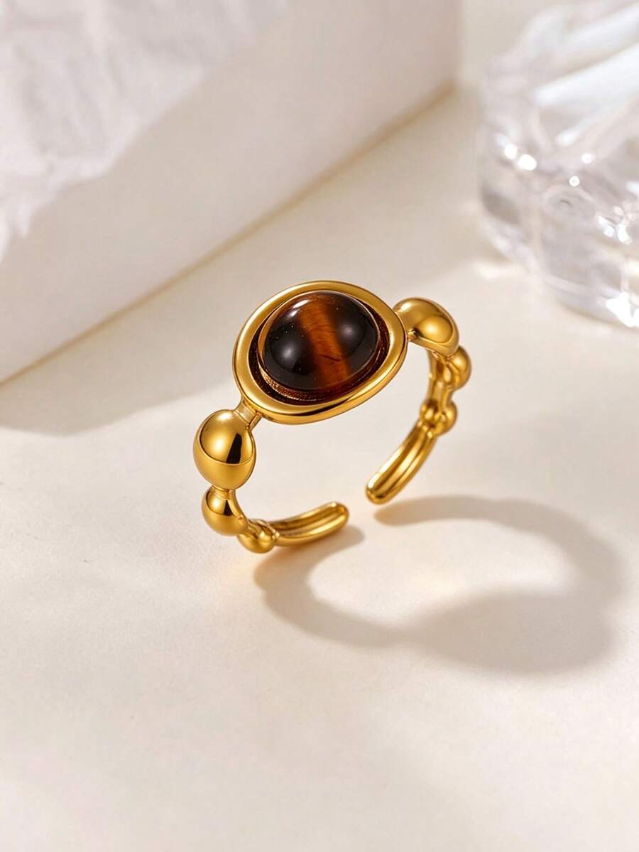 Geometric Round Amber Stone Rings For Women Stainless Steel Ring Waterproof Non-Fade Fashion Jewelry Gifts For New Year,Birthday,Party - Multicolor - View 1
