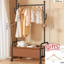 Heavy Duty Movable Metal Clothes Rack With Universal Casters, Garment Stand With Multi Side Hooks & Large Bottom Storage Bin, Comes With Free Wooden Hangers, Multi-Function Clothing Storage Organizer For Household Use. - Brown - View 14