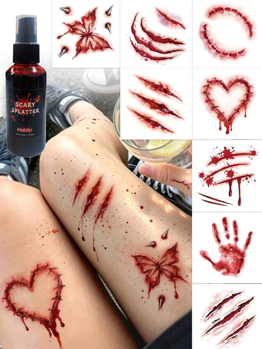 STARTTOOS Halloween Makeup Prank Party Blood Spray Tattoo Ink Non-Drip Fake Blood + Halloween Red Scar Stitching Blood Hole Pattern Tattoo Sticker Set - Multicolor - View 1