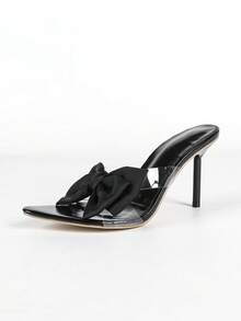 Women Black Pointed Open Toe Mule Sandals, Clear PVC Vamp Big Bow Decor Stiletto Slip-On Party High Heels - Black - View 8