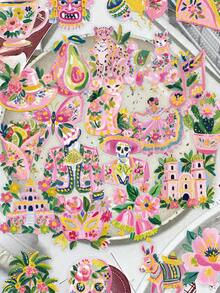 50pcs Mexican Folk Art Stickers For Decorating Planner, Journal, Scrapbook, Notebook, Luggage, Guitar, Skateboard, Manual, Tablet, Water Bottle, Phone - Pink - View 1