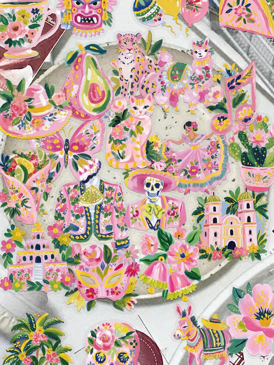 50pcs Mexican Folk Art Stickers For Decorating Planner, Journal, Scrapbook, Notebook, Luggage, Guitar, Skateboard, Manual, Tablet, Water Bottle, Phone - Pink - View 1