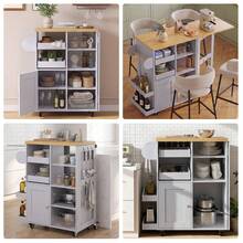Kitchen Island On Wheels W/Drop Leaf,Kitchen Trolley W/ Towel&Spice Rack,Dual-Sided Sliding Tray,StorageCabinet,Open Shelves,Hooks,Serving Cart Storage Trolley For Kitchen,Dining,Living Room - Grey - View 8