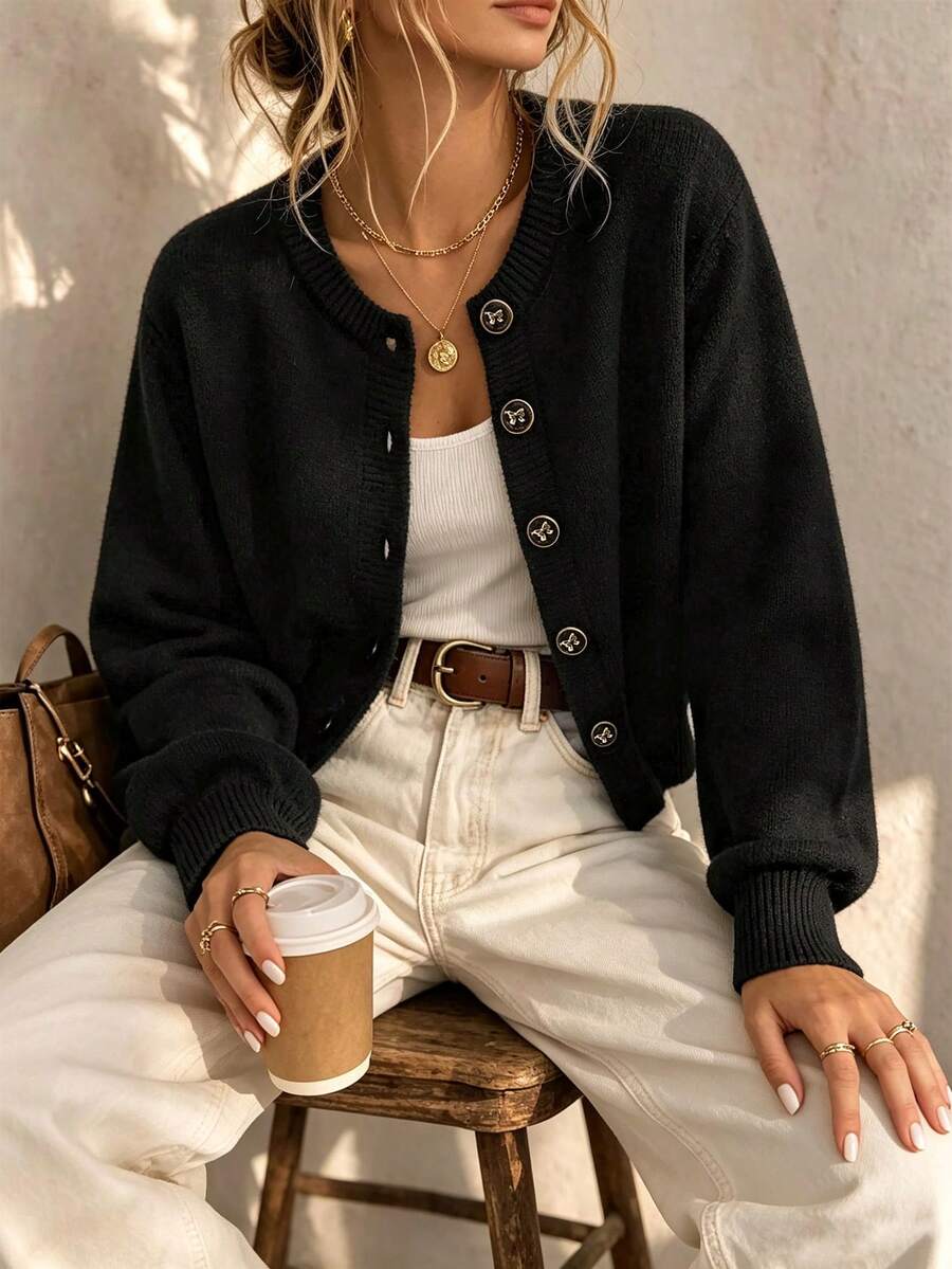 Women's Solid Color Round Neck Butterfly Buckle Ribbed Long Sleeve Autumn/Winter Minimalist Short Casual Versatile Knit Cardigan Retro Street Style - Black - View 1