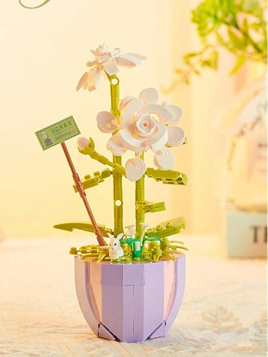 305片茉莉花積木套裝,逼真盆栽植物拼砌模型,可愛兔子裝飾品,桌面展示裝飾,創意DIY組裝玩具禮物,適合成人與女孩 - 1件 - 查看 1