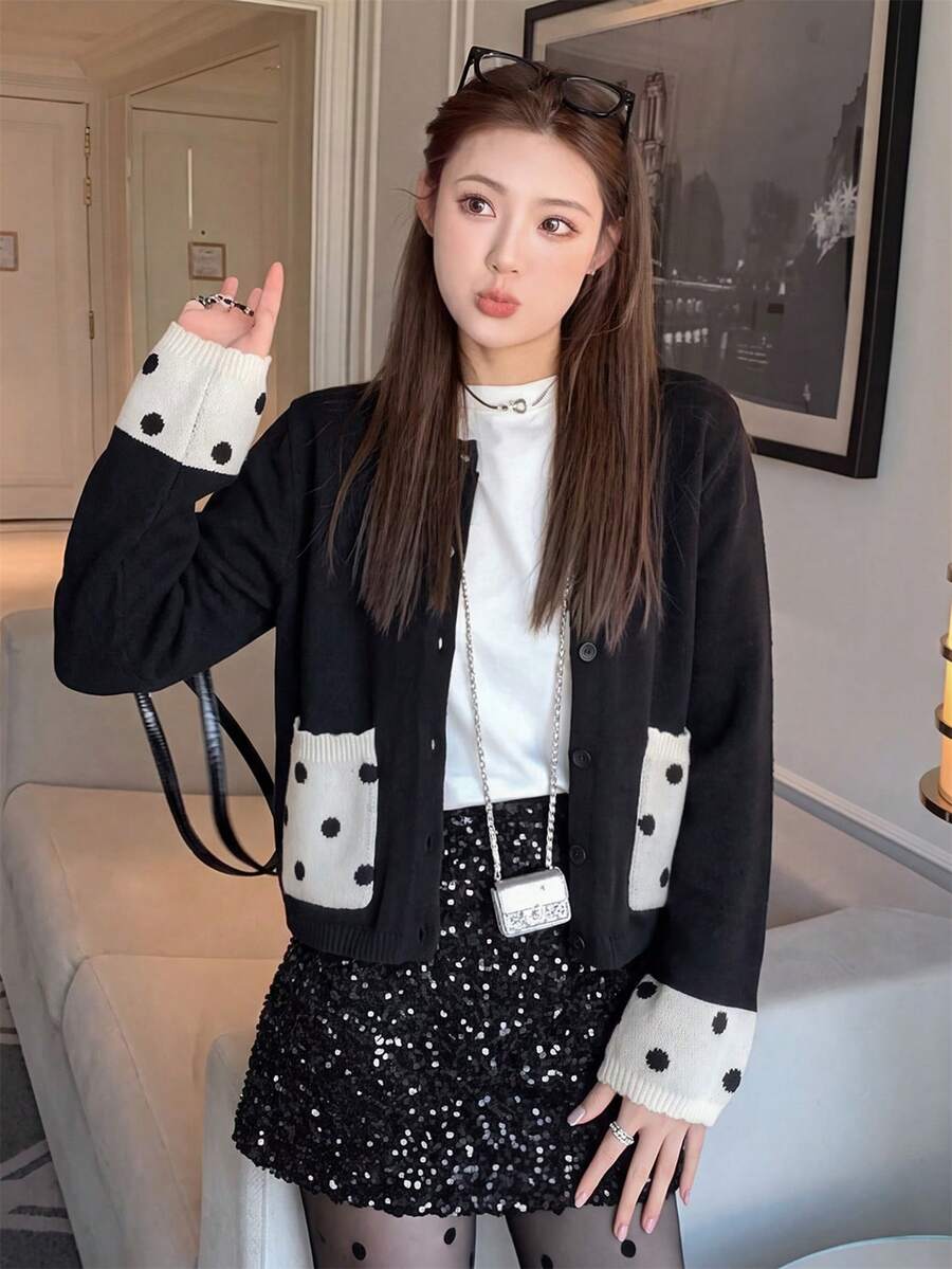 Women's Black & White Polka Dot Patchwork Knit Cardigan Sweater, Thick Autumn/Winter New Style, Round Neck, Single-Breasted, Contrast Color Pockets, Long Sleeve, Small Jacket - Black - View 1