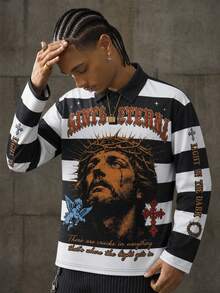 Men's Vintage Striped Portrait Letter Print Polo Shirt Top - Multicolor - View 3