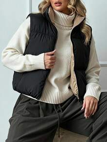 Women's Padded Sleeveless Vest With High Neck, Front Zip Closure, Adjustable Drawstring Hem, Warm Lightweight, Casual Winter Outerwear - Black - View 5