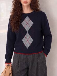 Women's Preppy Style Diamond Pattern Knit Pullover Sweater, Long-Sleeved Short Winter Top - Navy Blue - View 3