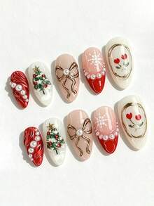 10PCS Christmas Almond Press On Nails, Handmade Fake Nails With Xmas Tree, Bow, Pearl, Snowflake & Red Flower Design, Reusable Wearable False Nails For Holiday Party - Multicolor - View 2