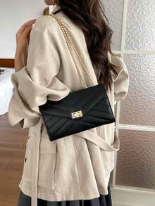 Hevel Fashion 純色菱格鏈條單肩包，多功能晚宴手拿包，輕量新款手提包，適合日常通勤斜背，適合上班族與學生，休閒手機零錢口紅斜挎包，黑色 - 黑色 - 查看 6