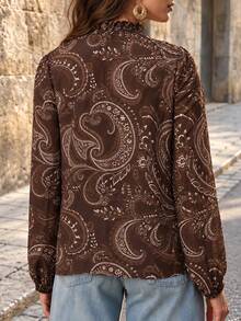 EARO Women's Paisley Print Long Sleeve Shirt, Regular Length, Suitable For Autumn/Winter Wear, Fashionable Ruffle Collar Design - Dark Brown - View 3