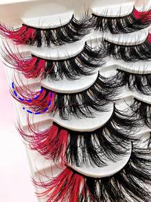 1 Pc Red Fluffy Faux Mink Eyelashes, Colored Tips, 20mm Dramatic Long Thick Cat Eye Fox Eye Lashes, Voluminous Curly Colored Faux Mink Long False Eyelashes, Russian Strip D Curl Lashes, Suitable For Christmas - View 10