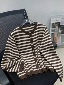 Atasan Kasual Lengan Panjang Bergaris Kancing Depan Gaya Jalanan Vintage Musim Gugur/Dingin - Coffee Brown - View 8