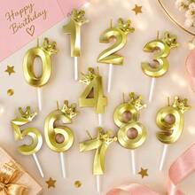 HIBIRTH 1件創意金色皇冠數字生日蠟燭蛋糕裝飾用品 生日週年慶祝派對烘焙插飾 - 查看 2