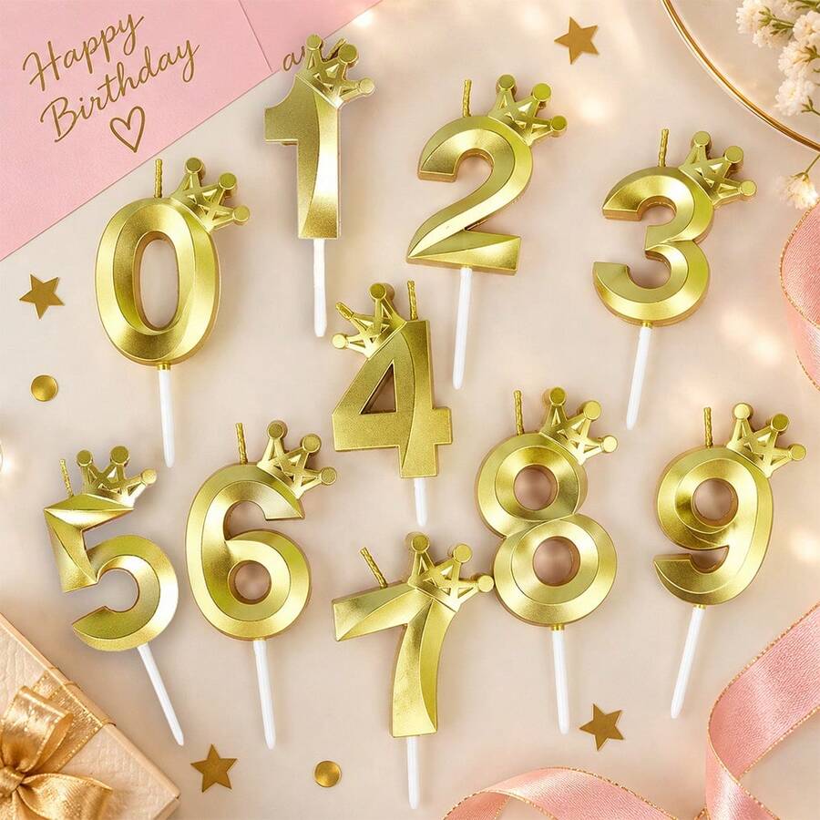 HIBIRTH 1件創意金色皇冠數字生日蠟燭蛋糕裝飾用品 生日週年慶祝派對烘焙插飾