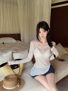 Polka Dot Tie-Front Long Sleeve T-Shirt Slim Fit Mesh Top - White - View 6