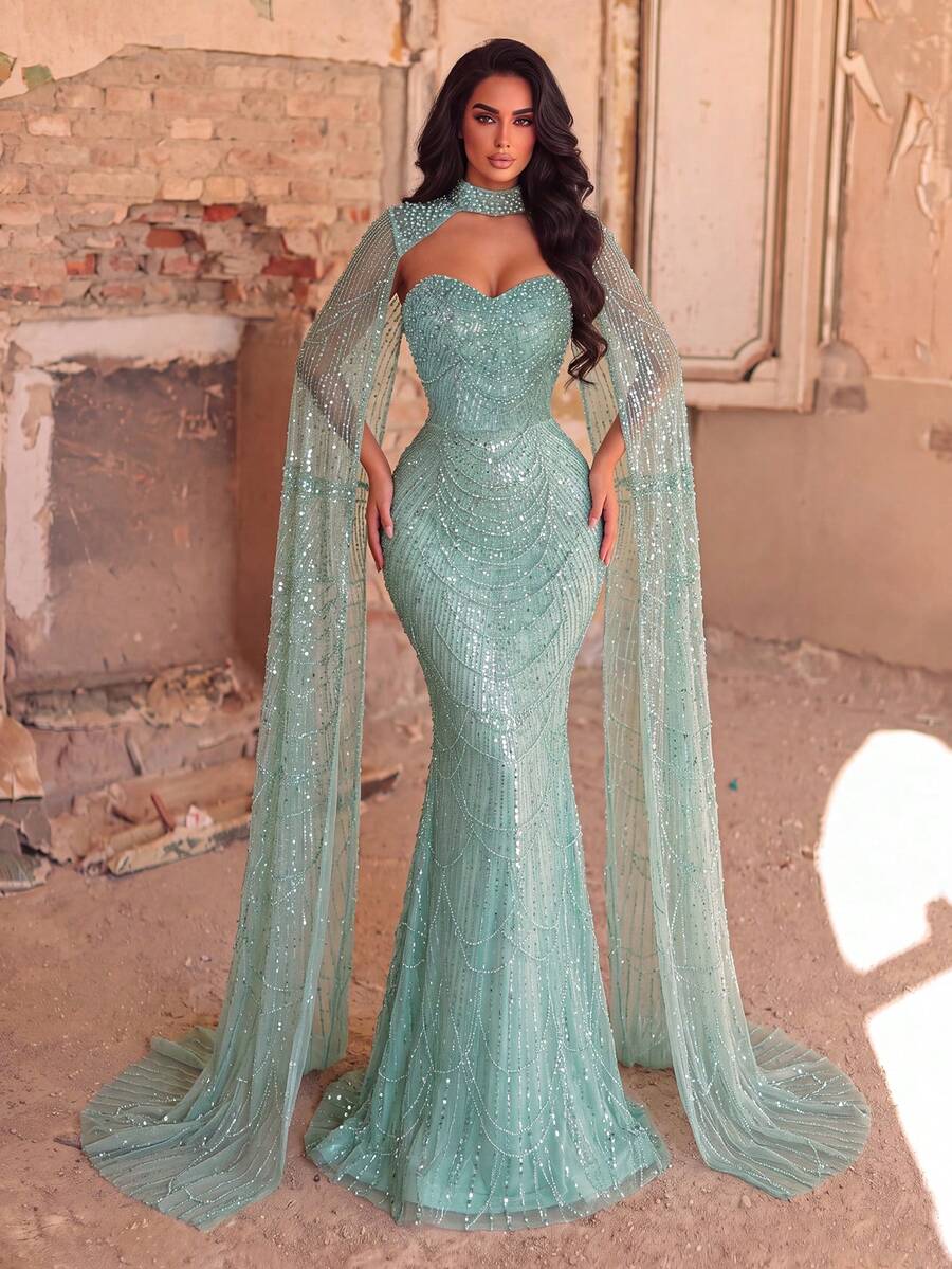 Elegant Strapless Mermaid Evening Gown With Shawl Sleeves, Beaded Embroidery, Slim Fit, Suitable For Formal Dinner, Wedding, Photography, Gala, Ball - Mint Green - View 1