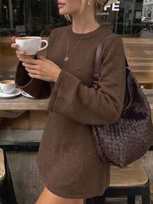 Women Fall Brown Knit Dress, Round Neck Flare Long Sleeve Slim Fit Mini Sweater Dress For Daily Date Casual Outfits - Coffee Brown - View 8