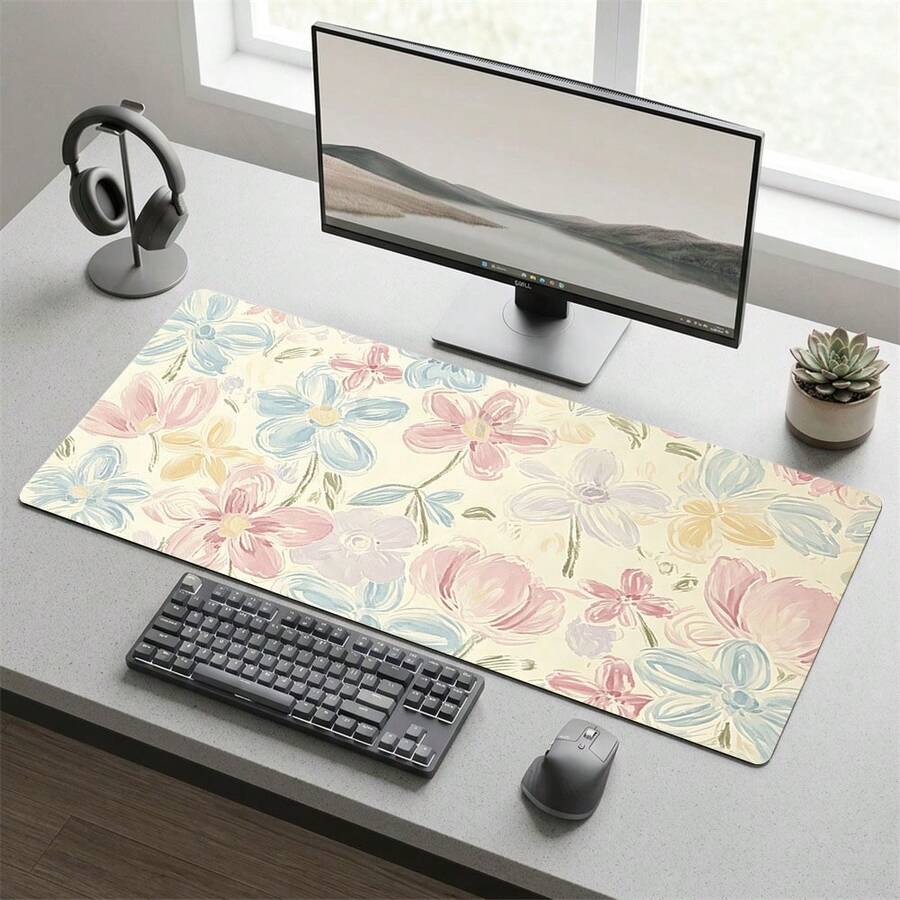 1pc Extended Mouse Pad With Brushstroke Watercolor Floral Design, Soft Pink Blue Creamy Watercolor Floral Desk Mat, Waterproof Anti-Slip Keyboard Pad, Girls Desk Decor - Flower 2 - View 1