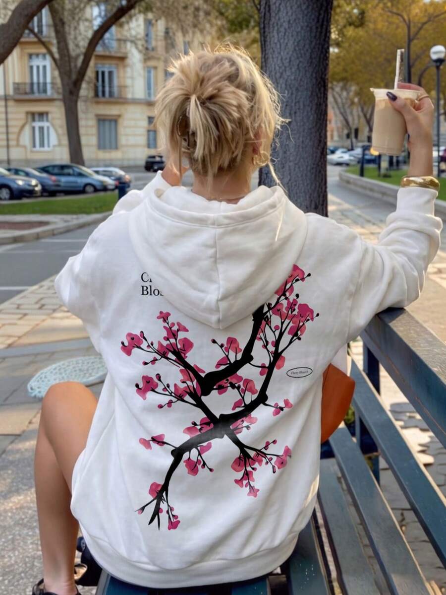 Women's Sweet White Oversized Fleece Lined Hooded Pullover, Large Cherry Blossom Tree Graphic On Back, Fall Back To School Casual Versatile Sweatshirt - White - View 1
