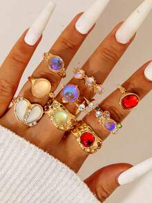 European & American Style Fashion Niche Luxury Design Open Gemstone Ring Geometric Heart Set Stackable - Ring Set - View 6