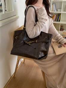 Tas Tote Bahu PU Warna Polos Modis, Dekorasi Tali, Cocok untuk Wanita Berbelanja, Bepergian, dan Penggunaan Sehari-hari - Kopi - View 4