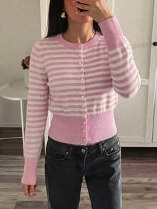Fancy Everywear Women's Autumn/Winter Pink & White Striped Long Sleeve Button-Front Knit Cardigan, Elegant Versatile Y2K Style, Suitable For Outfits - Multicolor - View 5
