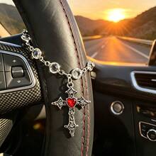 Red Heart Cross Pendant Car Rearview Mirror Accessory, Transparent Chain Paired With Red Heart Cross Pendant Retro Fashionable Car Interior Decoration, The Best Choice For Holiday Gifts - Cross - View 1