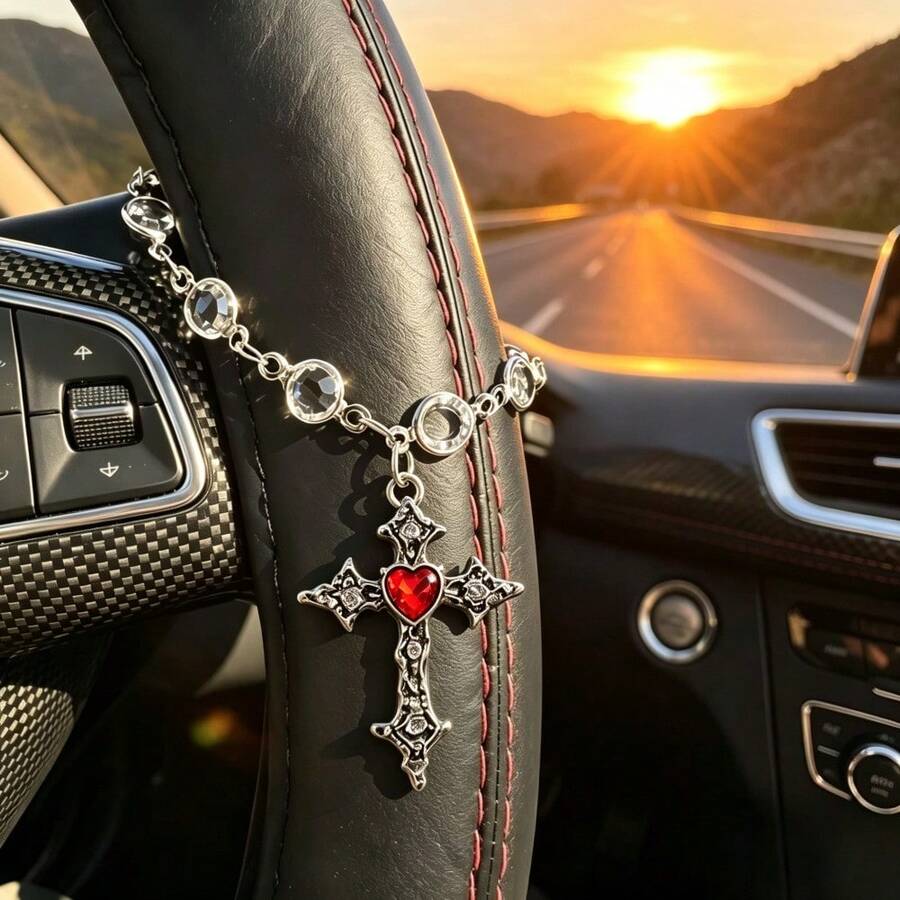 Red Heart Cross Pendant Car Rearview Mirror Accessory, Transparent Chain Paired With Red Heart Cross Pendant Retro Fashionable Car Interior Decoration, The Best Choice For Holiday Gifts - Cross - View 1
