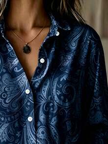 Kemeja Lengan Panjang Kancing Depan Motif Bunga Paisley Vintage untuk Wanita Musim Gugur - Biru - View 8
