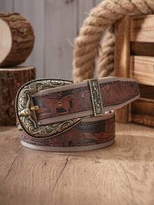1pc Men's Belt, Vintage Western Buckle, PU Leather Strap, Embossed, Contrast Color Design, Cargo Style Style, Suitable For Daily Casual Or Pairing With Jeans - BH1242 - View 13