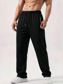 Men's Casual Sports Pants, Loose Fit Versatile Casual Long Pants, Elastic Drawstring Design Adjustable, Suitable For Daily Wear - Black - View 3