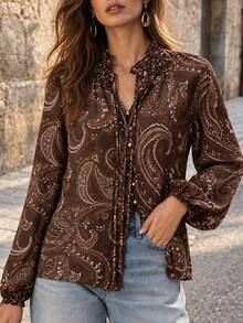 EARO Women's Paisley Print Long Sleeve Shirt, Regular Length, Suitable For Autumn/Winter Wear, Fashionable Ruffle Collar Design - Dark Brown - View 6