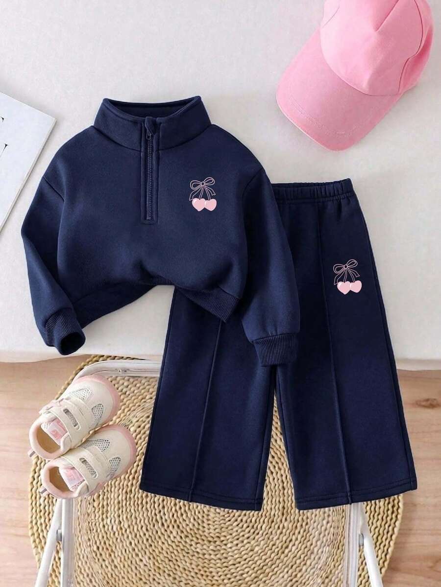 女嬰卡通熱轉印純色運動服套裝,極簡設計,舒適適合春秋冬季,2件組 - 寶藍色 - 查看 1