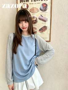 Contrast Color Print Raglan Sleeve T-Shirt, Autumn Korean Style Design Loose Fit Base Layer Top - Blue - View 6